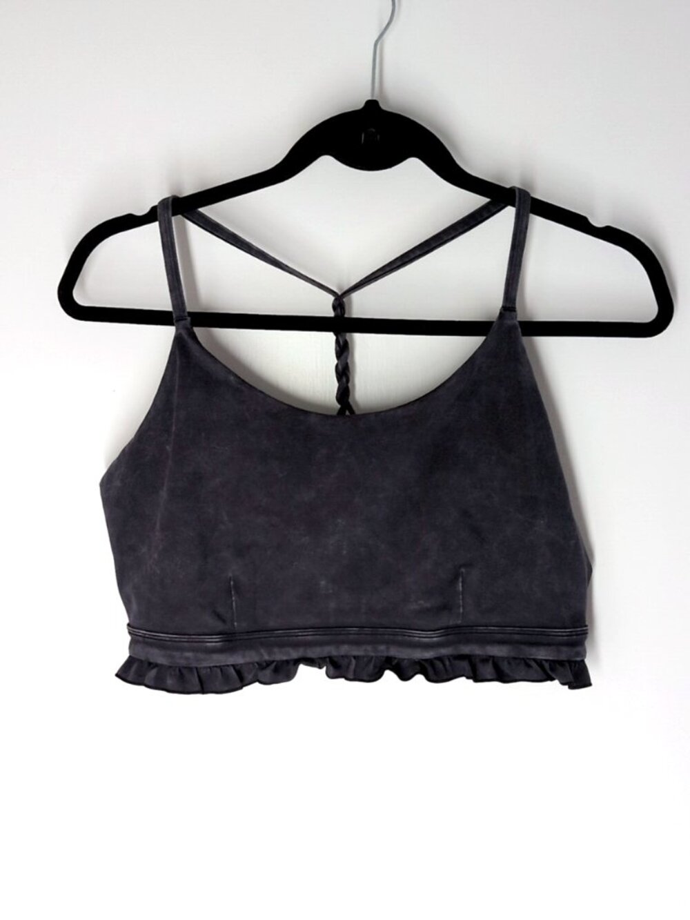 Joy Lab charcoal gray faux leather twisted strappy back ruffle sports bra L